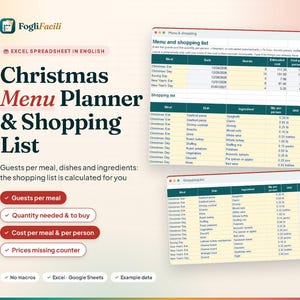 Christmas Menu Planner Spreadsheet Excel & Google Sheets, Holiday Dinner Planner with Shopping List Calculated by Guest Count image 1
