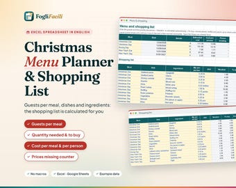 Christmas Menu Planner Spreadsheet Excel & Google Sheets, Holiday Dinner Planner with Shopping List Calculated by Guest Count