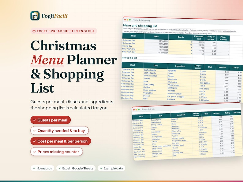 Christmas Menu Planner Spreadsheet Excel & Google Sheets, Holiday Dinner Planner with Shopping List Calculated by Guest Count image 1