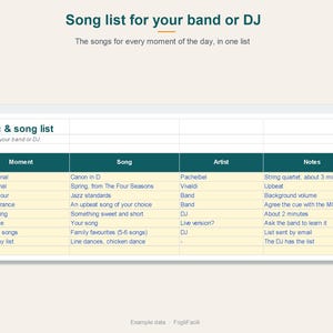 Trouwprogramma in Excel: uurlijkse planning, lijst met cadeaus en bedankjes, muziekplaylist afbeelding 4