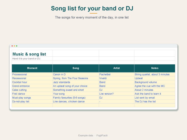Trouwprogramma in Excel: uurlijkse planning, lijst met cadeaus en bedankjes, muziekplaylist afbeelding 4