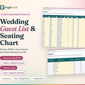 Wedding Guest List Spreadsheet Excel & Google Sheets with Seating Chart, RSVP Tracker, Meal Choices and Table Plan, Guest List Template image 1