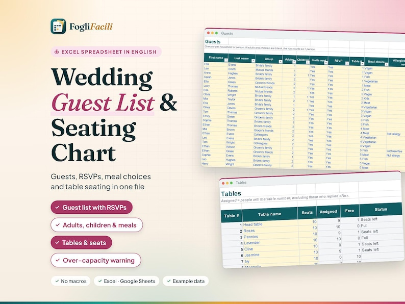 Wedding Guest List Spreadsheet Excel & Google Sheets with Seating Chart, RSVP Tracker, Meal Choices and Table Plan, Guest List Template image 1