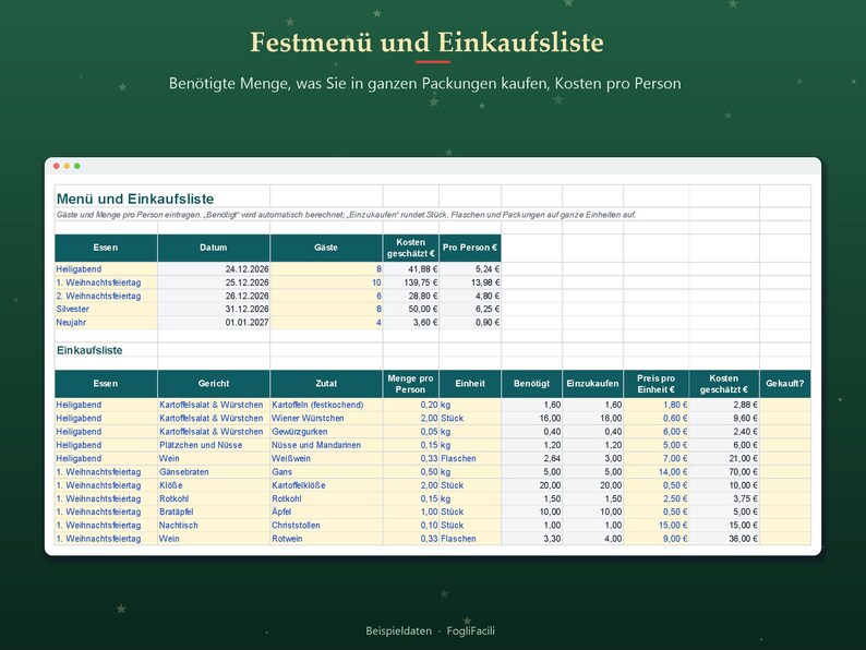 Christmas Planner Spreadsheet 2026 in German, Excel Weihnachtsplaner with Gift List, Budget and Menu image 5