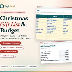 Excel-cadeaulijst voor kerst in het Engels: budget per persoon, status van cadeaus en meldingen bij late levering. afbeelding 1