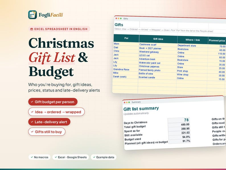 Excel-cadeaulijst voor kerst in het Engels: budget per persoon, status van cadeaus en meldingen bij late levering. afbeelding 1