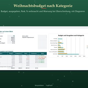 Christmas Budget Excel in German (Weihnachtsbudget): Holiday Spending by Category with Spent, Remaining and Over Budget Alert image 2