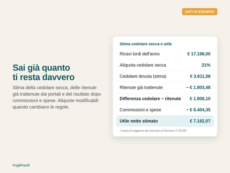 Italian short-term rental manager 2026: Excel file in Italian for hosts in Italy, with cedolare secca, tourist tax, commissions image 3