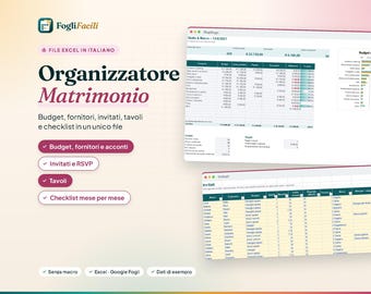 Puede incluir: Una hoja de cálculo digital para la planificación de bodas titulada FogliFacili, con secciones para presupuesto, proveedores, invitados y listas de verificación. La interfaz muestra tablas con datos financieros y listas de invitados.