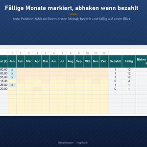 Bill Tracker Excel in German (Fixkosten): Recurring Bills with Due Dates, Monthly to Yearly Frequency and 12-Month Paid Checklist image 3