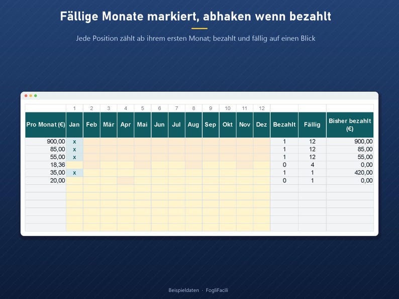 Bill Tracker Excel in German (Fixkosten): Recurring Bills with Due Dates, Monthly to Yearly Frequency and 12-Month Paid Checklist image 3