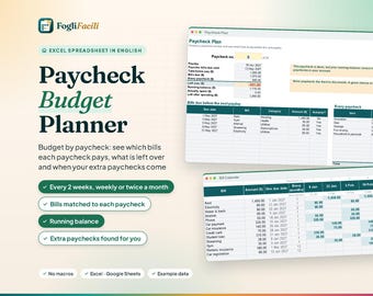 Paycheck Budget Planner Excel & Google Sheets: Biweekly, Weekly or Twice a Month, Bills by Paycheck, Running Balance, Extra Paychecks