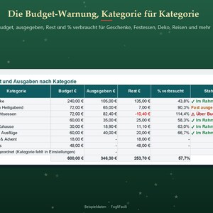 Christmas Budget Excel in German (Weihnachtsbudget): Holiday Spending by Category with Spent, Remaining and Over Budget Alert image 3