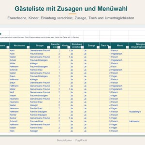 Wedding Guest List Excel in German (Gästeliste) with Seating Chart: RSVP, Meal Choices, Adults and Children, Tables and Free Seats image 2
