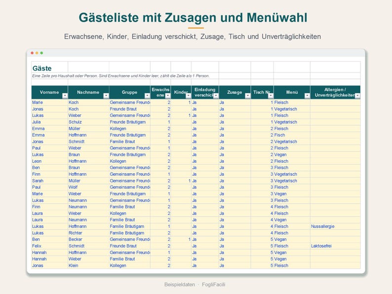 Wedding Guest List Excel in German (Gästeliste) with Seating Chart: RSVP, Meal Choices, Adults and Children, Tables and Free Seats image 2
