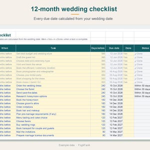 Wedding Checklist Spreadsheet Excel & Google Sheets, 12 Month Wedding Planning Timeline with Due Dates Calculated from Your Wedding Date image 2