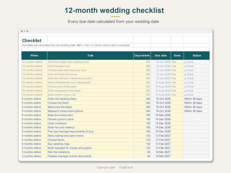 Wedding Checklist Spreadsheet Excel & Google Sheets, 12 Month Wedding Planning Timeline with Due Dates Calculated from Your Wedding Date image 2