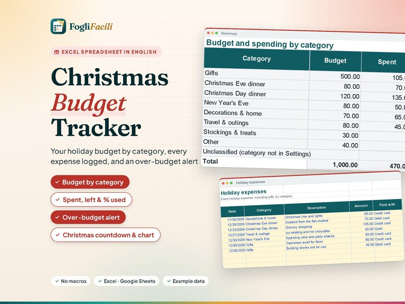 Weihnachtsbudget Excel auf Englisch: Festtagsausgaben nach Kategorie mit Ausgegeben, Rest und Warnung bei Überschreitung Bild 1