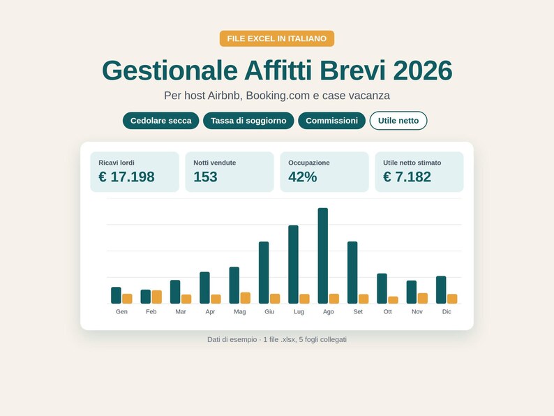 Italian short-term rental manager 2026: Excel file in Italian for hosts in Italy, with cedolare secca, tourist tax, commissions image 1