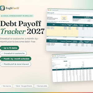 May include: A digital Debt Payoff Tracker 2027 Excel spreadsheet template featuring a month-by-month plan for up to 10 debts. The interface displays tables for snowball or avalanche methods, interest rates, and payment schedules with example data included.