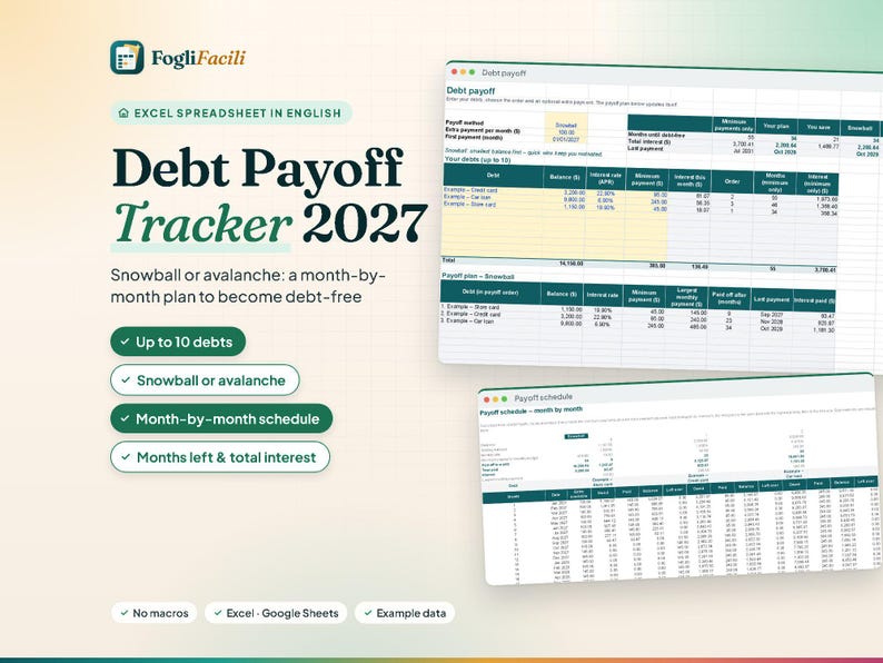 May include: A digital Debt Payoff Tracker 2027 Excel spreadsheet template featuring a month-by-month plan for up to 10 debts. The interface displays tables for snowball or avalanche methods, interest rates, and payment schedules with example data included.