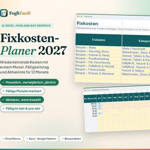 Bill Tracker Excel in German (Fixkosten): Recurring Bills with Due Dates, Monthly to Yearly Frequency and 12-Month Paid Checklist image 1