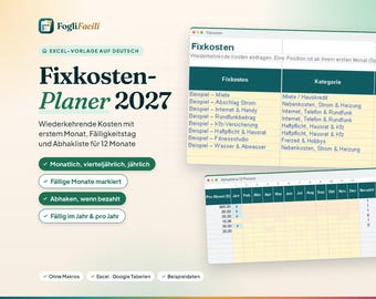 Outil de suivi des dépenses fixes pour Excel (Fixkosten) : échéances, fréquence mensuelle ou annuelle et liste de contrôle sur 12 mois