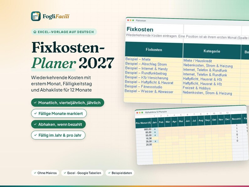 Bill Tracker Excel in German (Fixkosten): Recurring Bills with Due Dates, Monthly to Yearly Frequency and 12-Month Paid Checklist image 1