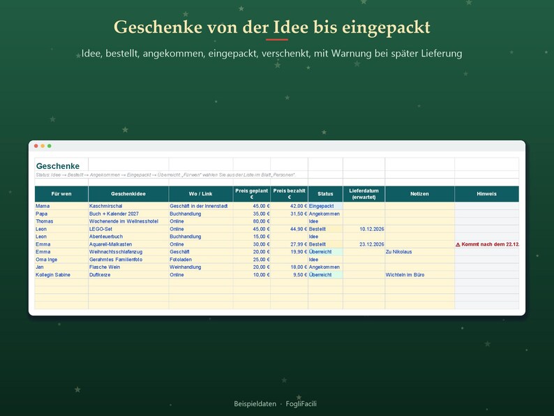 Christmas Planner Spreadsheet 2026 in German, Excel Weihnachtsplaner with Gift List, Budget and Menu image 4