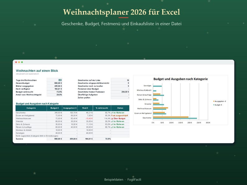 Christmas Planner Spreadsheet 2026 in German, Excel Weihnachtsplaner with Gift List, Budget and Menu image 2