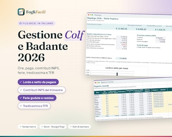 2026 Excel file for managing housekeeper and caregiver benefits, including salary, INPS contributions, vacation pay, thirteenth month's salary, and severance pay.
