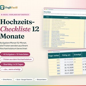 12-miesięczna lista kontrolna ślubu w programie Excel (niemiecki): 40 list zadań do wykonania z datami obliczonymi na podstawie daty ślubu zdjęcie 1