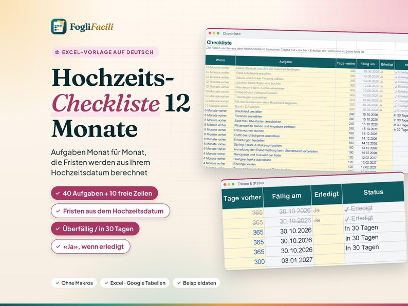 12-miesięczna lista kontrolna ślubu w programie Excel (niemiecki): 40 list zadań do wykonania z datami obliczonymi na podstawie daty ślubu zdjęcie 1