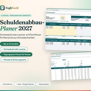 Peut inclure: Un mod&egrave;le Excel num&eacute;rique intitul&eacute; Schuldenabbau-Planer 2027 pour la gestion des dettes. L'interface affiche des tableaux financiers, des colonnes pour le cr&eacute;dit, les taux d'int&eacute;r&ecirc;t et les paiements mensuels, avec des boutons verts soulignant des m&eacute;thodes.