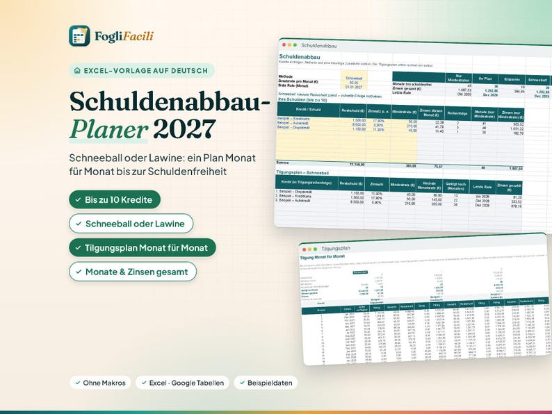 Peut inclure: Un mod&egrave;le Excel num&eacute;rique intitul&eacute; Schuldenabbau-Planer 2027 pour la gestion des dettes. L'interface affiche des tableaux financiers, des colonnes pour le cr&eacute;dit, les taux d'int&eacute;r&ecirc;t et les paiements mensuels, avec des boutons verts soulignant des m&eacute;thodes.