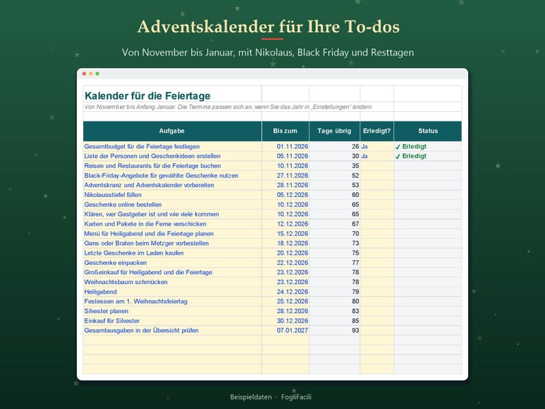 Christmas Planner Spreadsheet 2026 in German, Excel Weihnachtsplaner with Gift List, Budget and Menu image 6