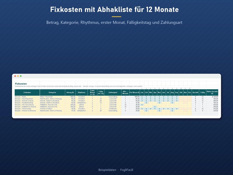 Bill Tracker Excel in German (Fixkosten): Recurring Bills with Due Dates, Monthly to Yearly Frequency and 12-Month Paid Checklist image 2