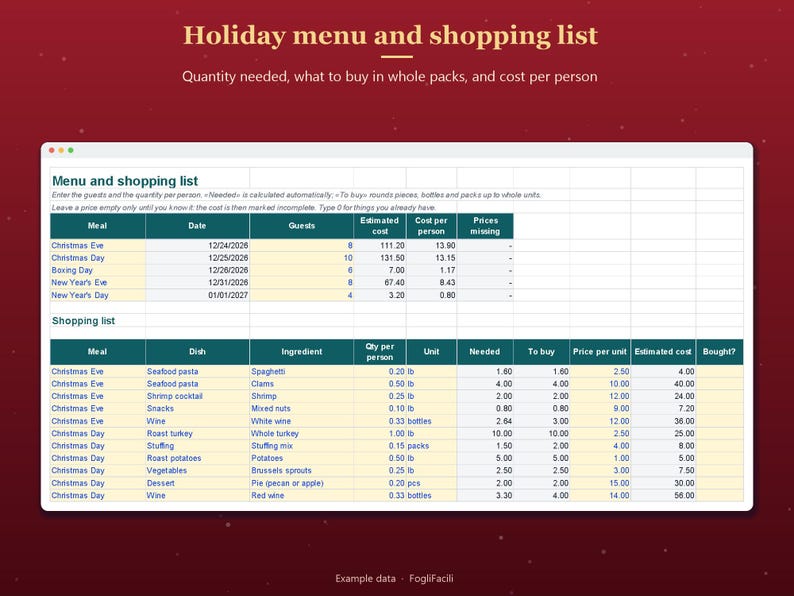 Christmas Planner Spreadsheet 2026 Excel with Gift Tracker, Holiday Budget, Menu and Shopping List image 5