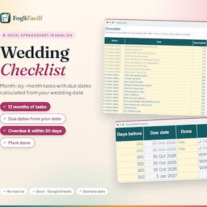 Wedding Checklist Spreadsheet Excel & Google Sheets, 12 Month Wedding Planning Timeline with Due Dates Calculated from Your Wedding Date image 1
