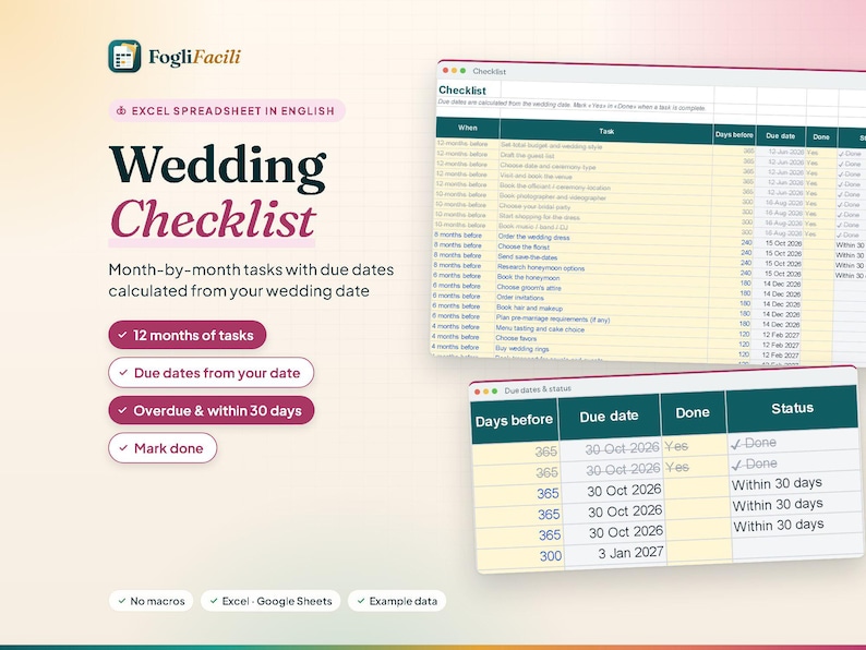 Wedding Checklist Spreadsheet Excel & Google Sheets, 12 Month Wedding Planning Timeline with Due Dates Calculated from Your Wedding Date image 1