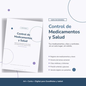 May include: A digital health planner titled Control de Medicamentos y Salud, featuring sections for medication tracking, medical appointments, and health monitoring. The layout includes purple circular accents and text in Spanish on a white background.