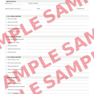May include: A white printable moving checklist and planner document titled Moving Timeline and Countdown. It features sections for move details, checkboxes for tasks organised by weeks before moving, and a footer labelled Moving Checklist and Planner.