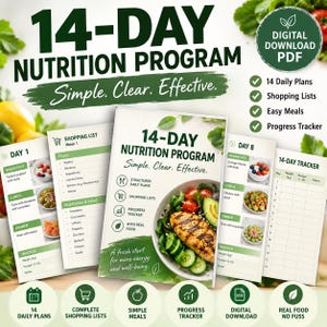 Könnte beinhalten: Ein 14-Tage-Ernährungsprogramm als digitaler PDF-Download mit strukturierten Tagesplänen, Einkaufslisten und einem Fortschrittstracker. Das Dokument enthält Mahlzeitenbeispiele wie Hähnchen mit Salat, Thunfisch mit Gurke und Joghurt mit Obst.