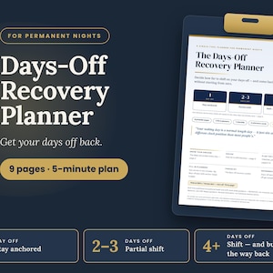 May include: A Days-Off Recovery Planner on a clipboard with a dark blue background. The text reads For Permanent Nights, Days-Off Recovery Planner, Get your days off back, 9 pages, 5-minute plan, and details on shift recovery.