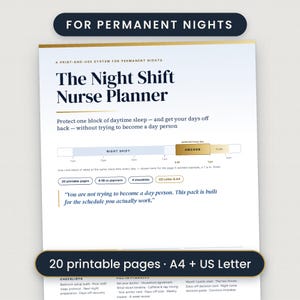 May include: A white document titled The Night Shift Nurse Planner with dark blue text and gold accents. It includes a timeline graphic labeled Night Shift, Anchor, and Flex, plus lists for 20 printable pages, 8 fill-in planners, and 4 checklists.