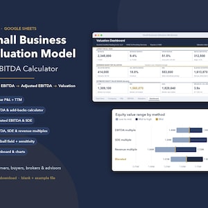 May include: A digital Small Business Valuation Model and EBITDA Calculator for Excel and Google Sheets. The interface displays a Valuation Dashboard with financial metrics, a P&L flow, and an Equity value range chart with multiple methods.