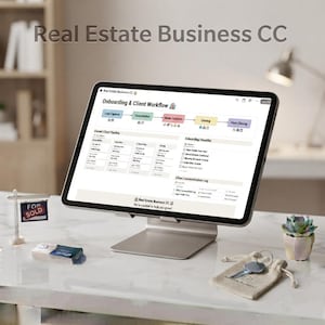 May include: A tablet on a silver stand displays a digital Real Estate Business CC dashboard titled Onboarding & Client Workflow. The screen shows a process flow, a client pipeline, an onboarding checklist, and a communication log for real estate.