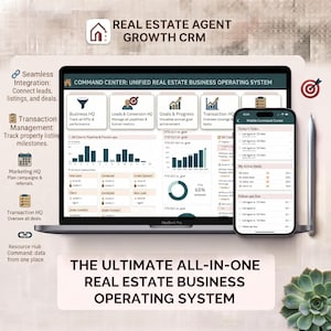 May include: A laptop and smartphone displaying the Real Estate Agent Growth CRM software. The screens show a command center dashboard with business metrics, transaction management, and task lists. Text includes "Unified Real Estate Business Operating System."