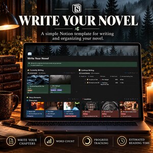 Puede incluir: Una pantalla de portátil que muestra una plantilla de Notion titulada Write Your Novel, con secciones para escritura actual, capítulos, personajes y ubicaciones. La interfaz incluye texto, iconos y barras de progreso para el seguimiento.