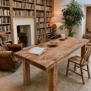 Puede incluir: Una mesa de comedor rectangular de madera con acabado de veta natural y patas gruesas. Sobre la superficie hay un libro abierto, un cuenco de madera poco profundo y una vela de pilar blanca. Un sillón de cuero marrón y una silla de madera cerca.